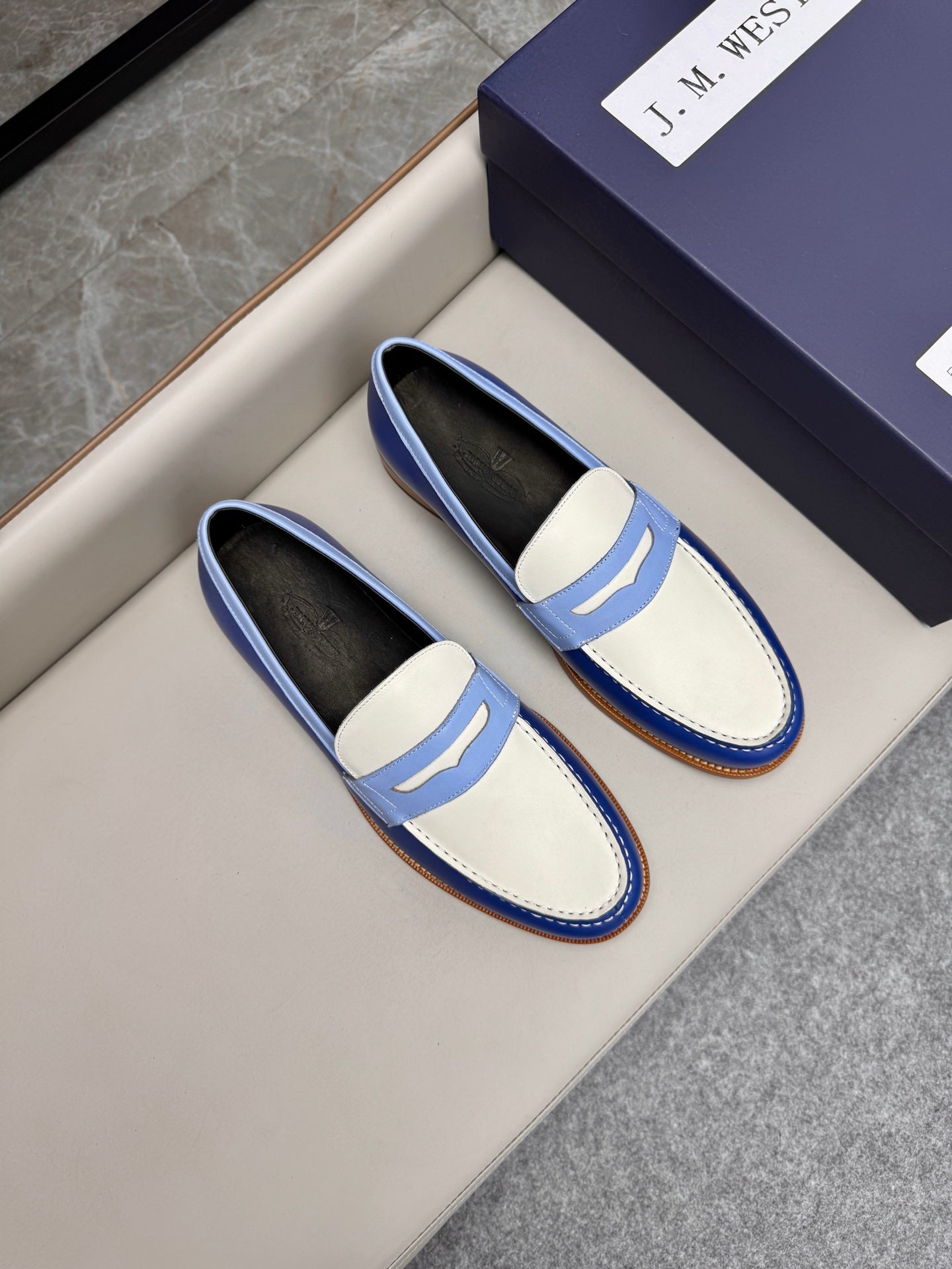 MMocassin 180 bicolore cuir bleu et toile beige