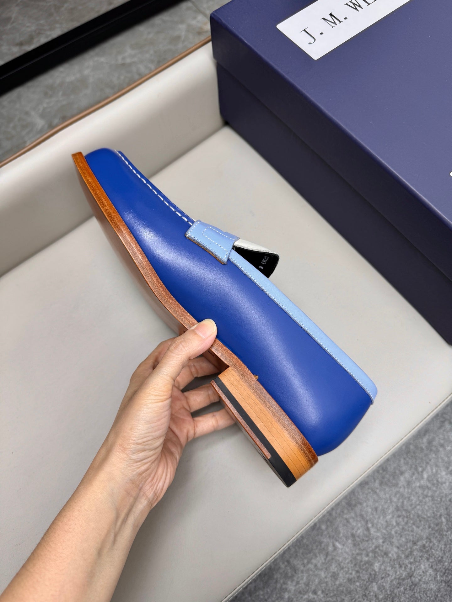 MMocassin 180 bicolore cuir bleu et toile beige