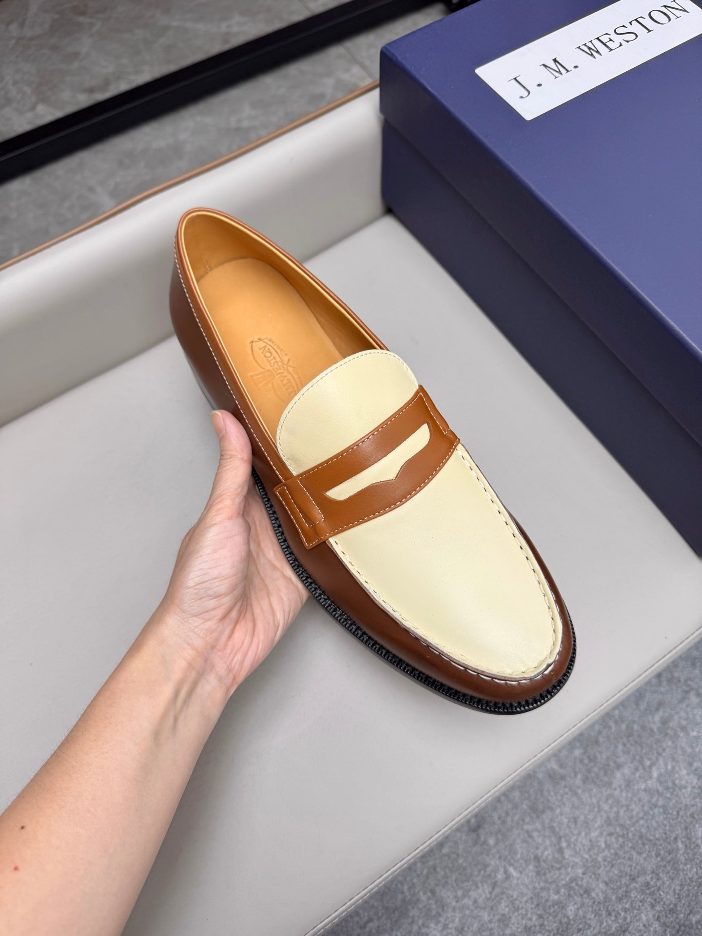 Mocassin 180 bicolore cuir marron & toile beige
