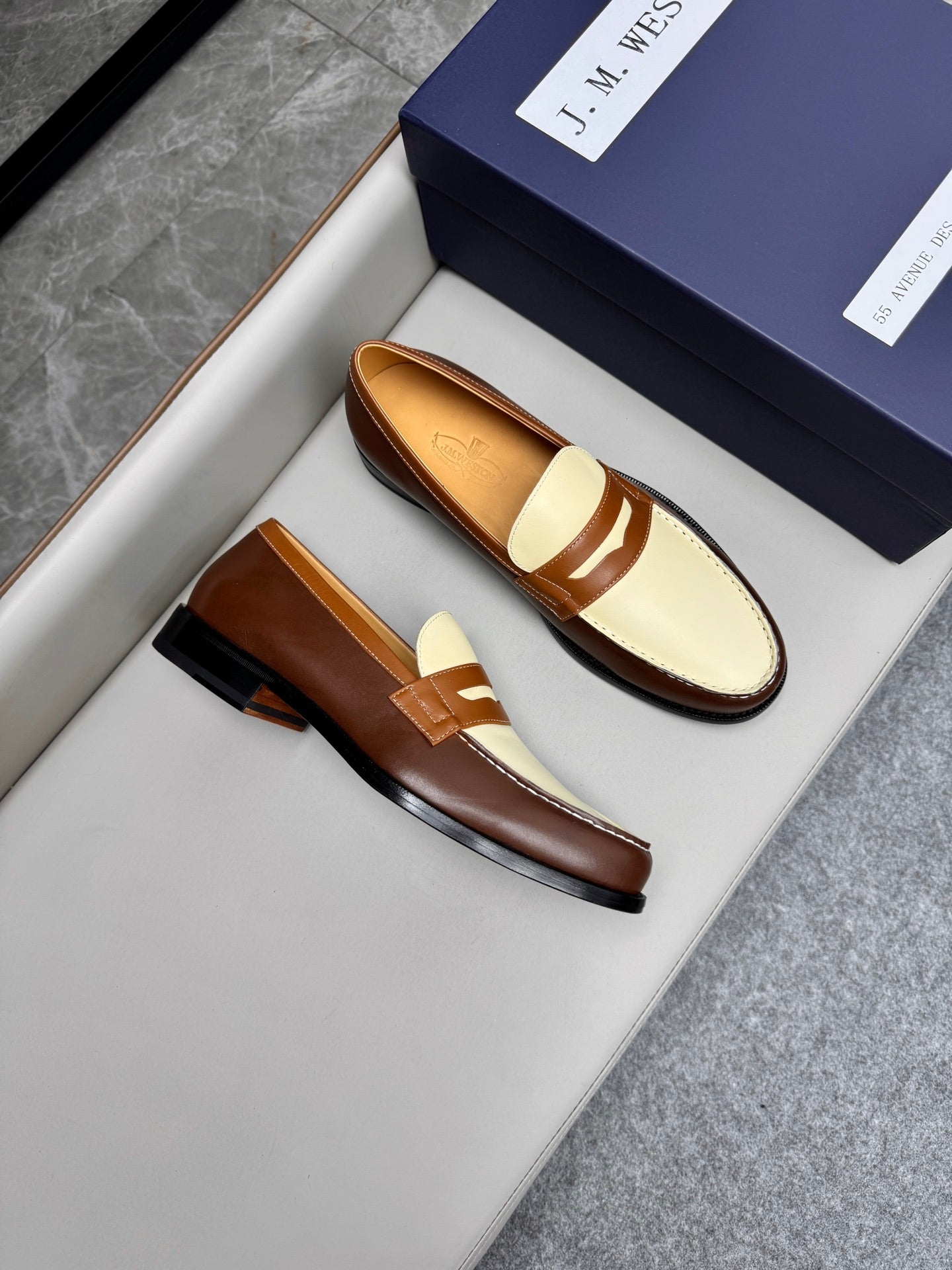 Mocassin 180 bicolore cuir marron & toile beige