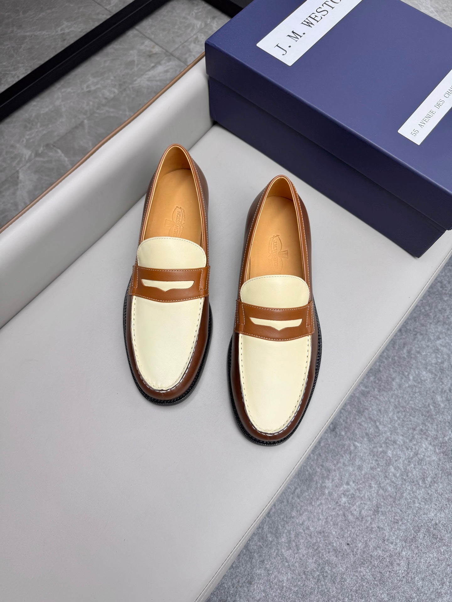 Mocassin 180 bicolore cuir marron & toile beige