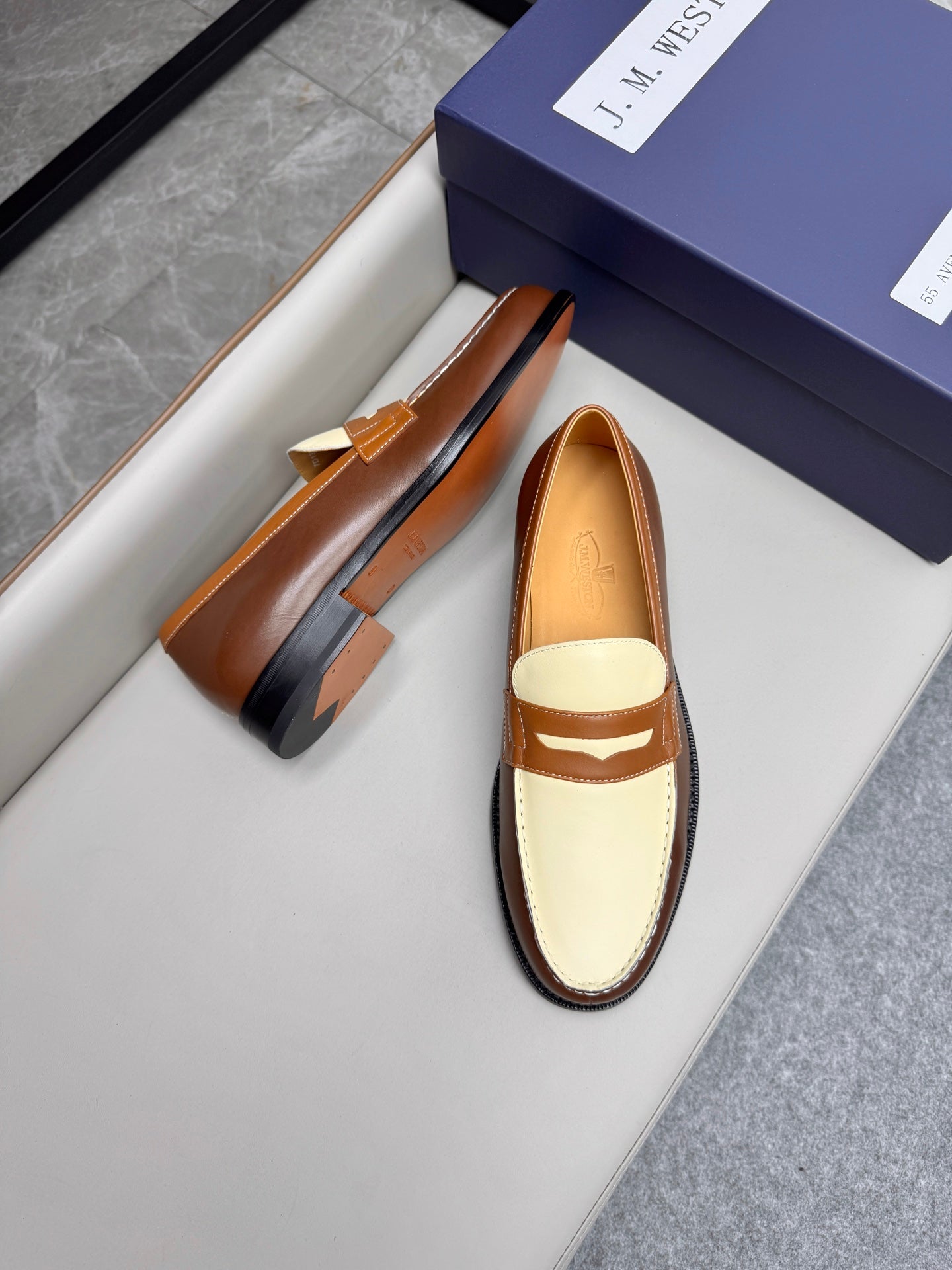 Mocassin 180 bicolore cuir marron & toile beige