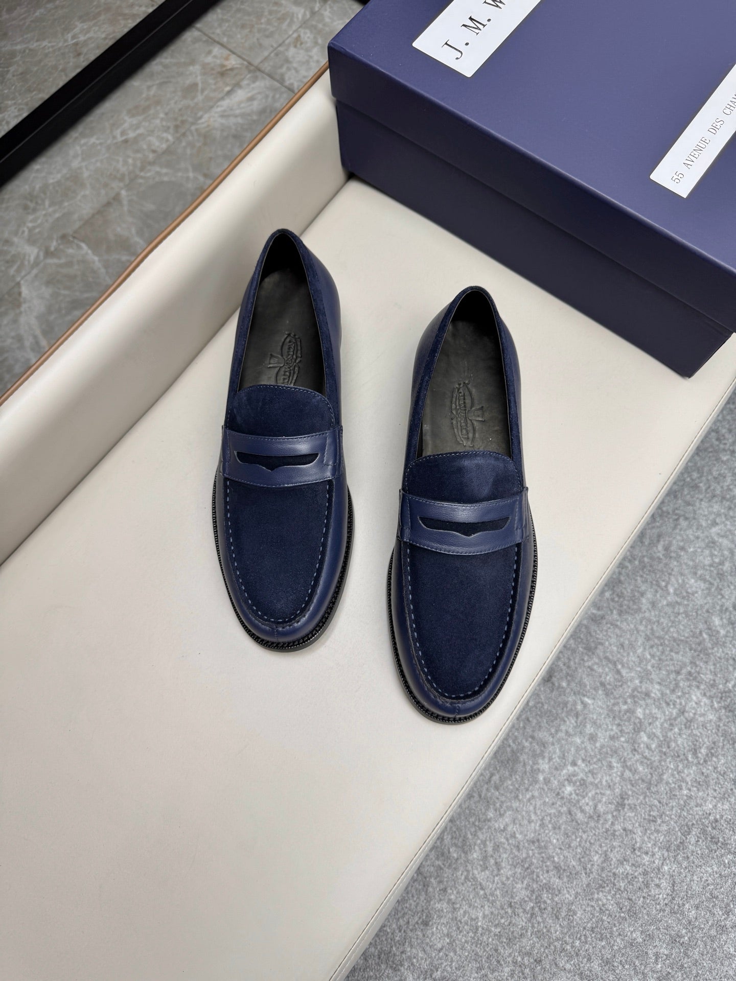 Mocassin 180 bi-matière daim & cuir bleu marine