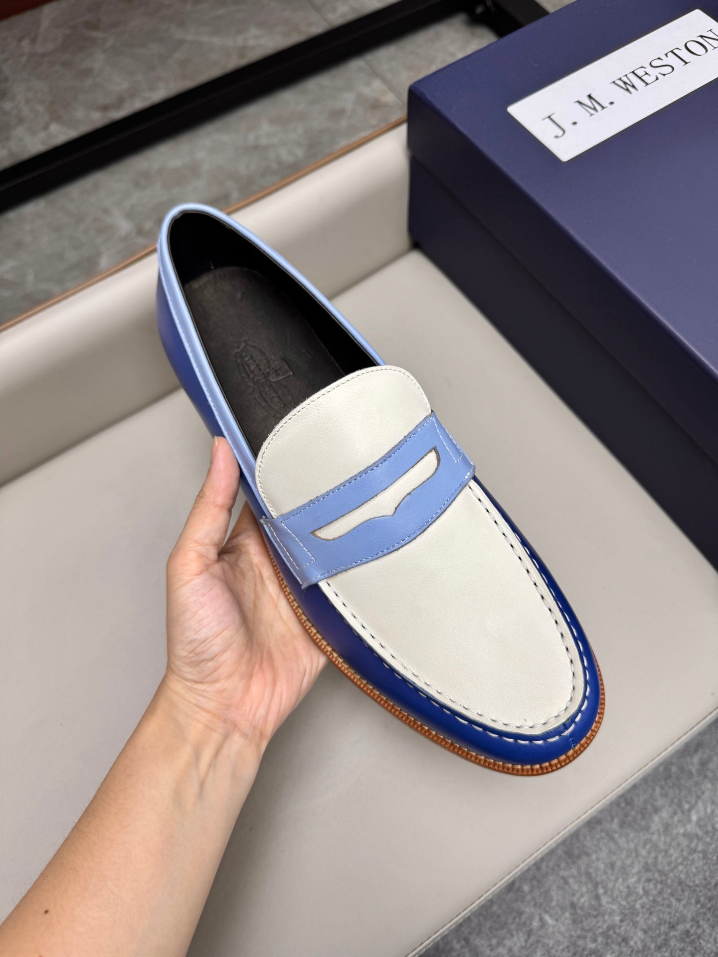MMocassin 180 bicolore cuir bleu et toile beige