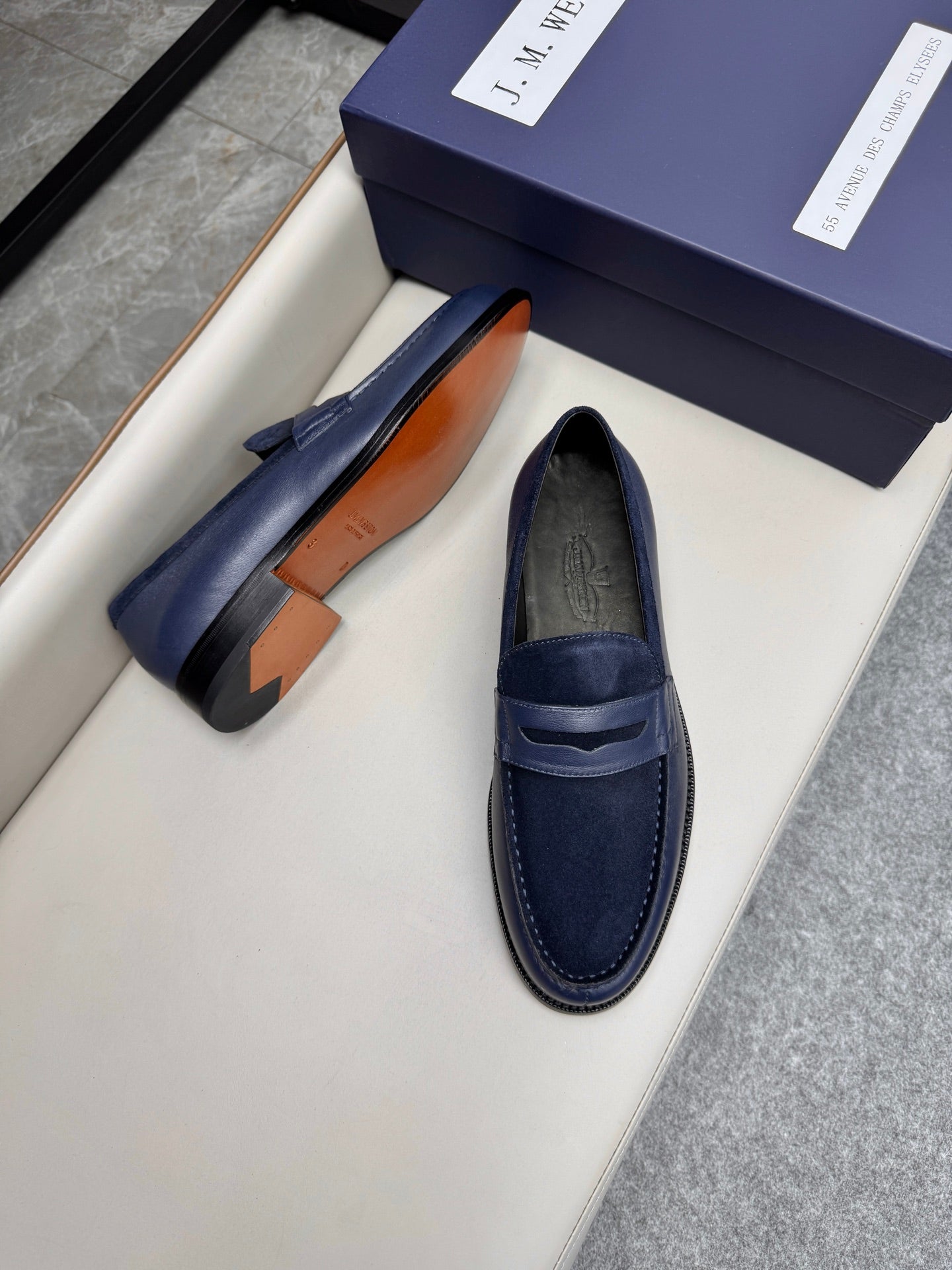 Mocassin 180 bi-matière daim & cuir bleu marine