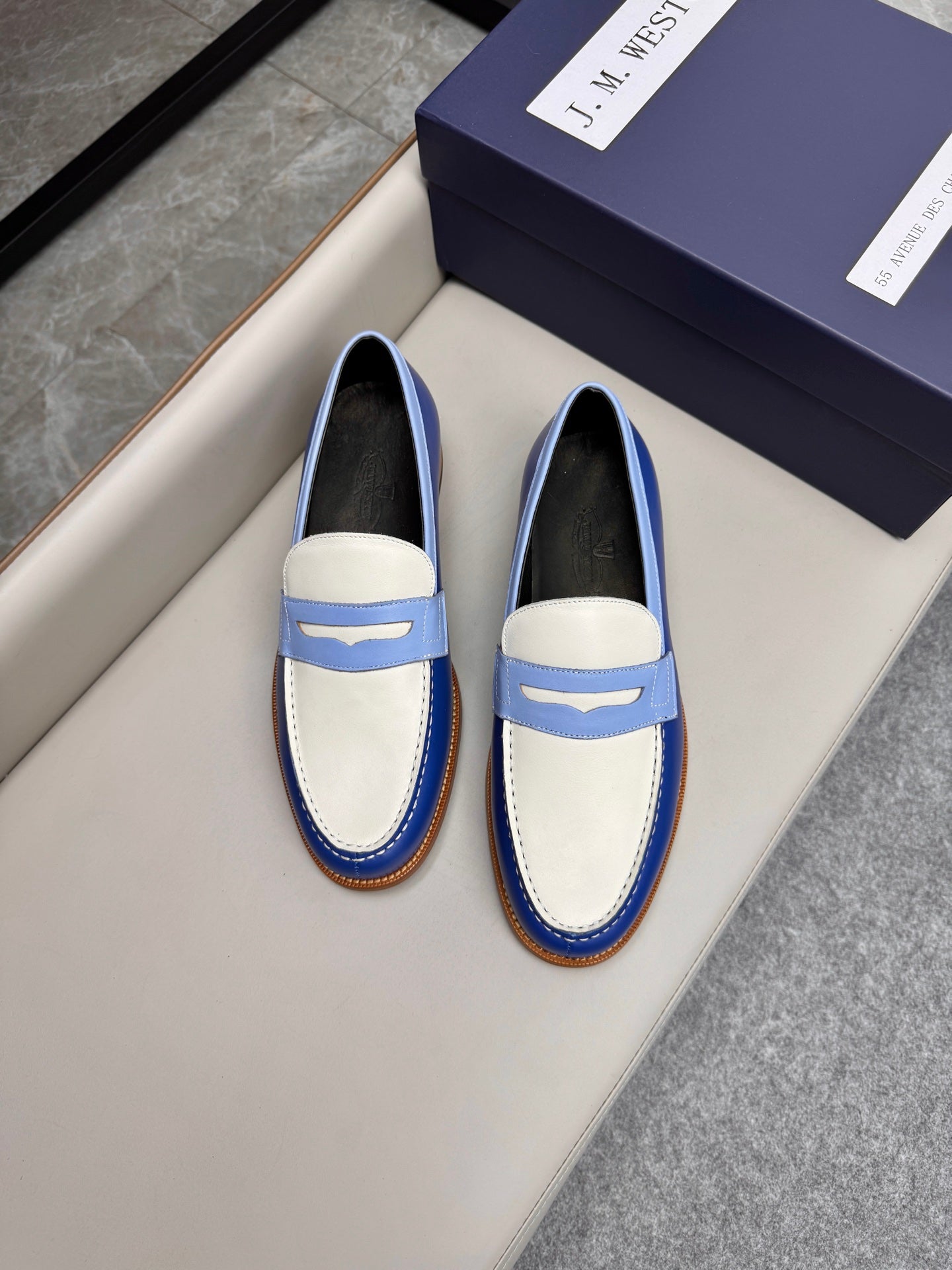 MMocassin 180 bicolore cuir bleu et toile beige