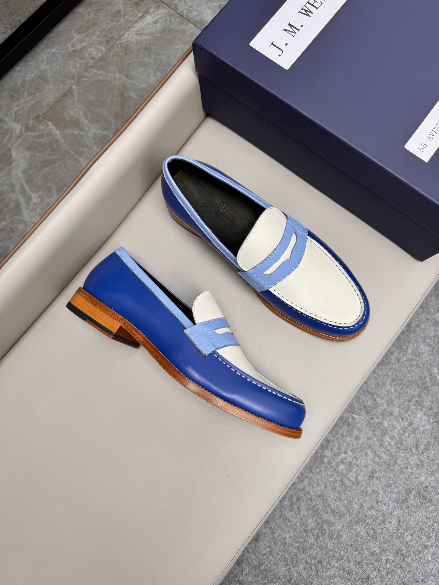 MMocassin 180 bicolore cuir bleu et toile beige