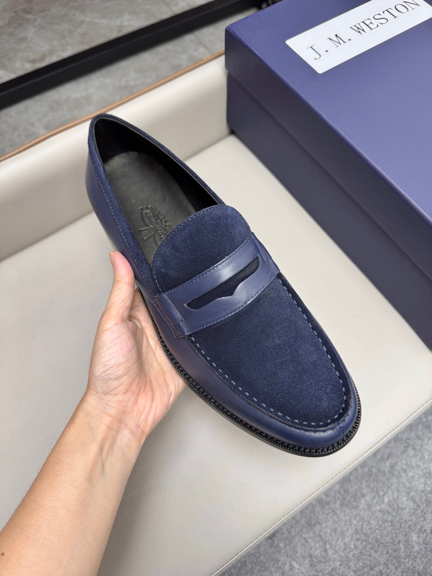 Mocassin 180 bi-matière daim & cuir bleu marine