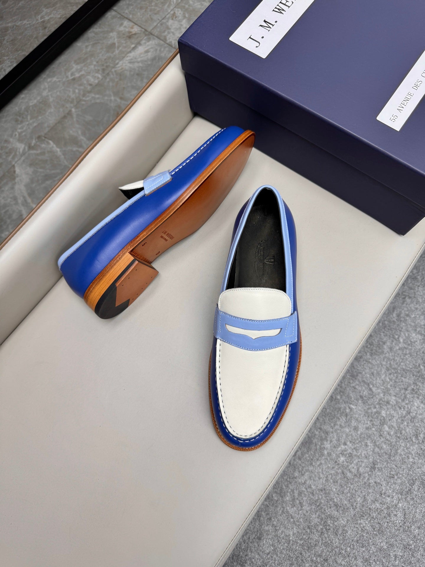 MMocassin 180 bicolore cuir bleu et toile beige