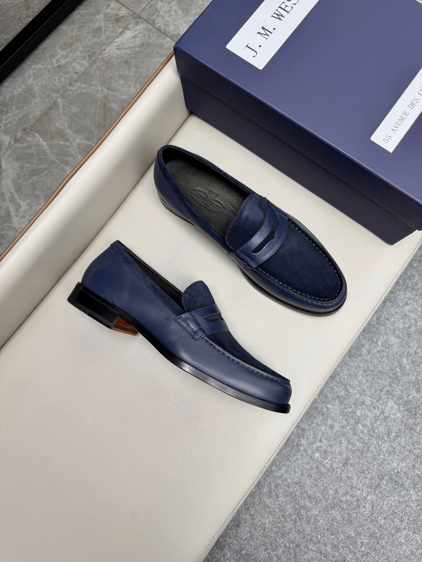 Mocassin 180 bi-matière daim & cuir bleu marine