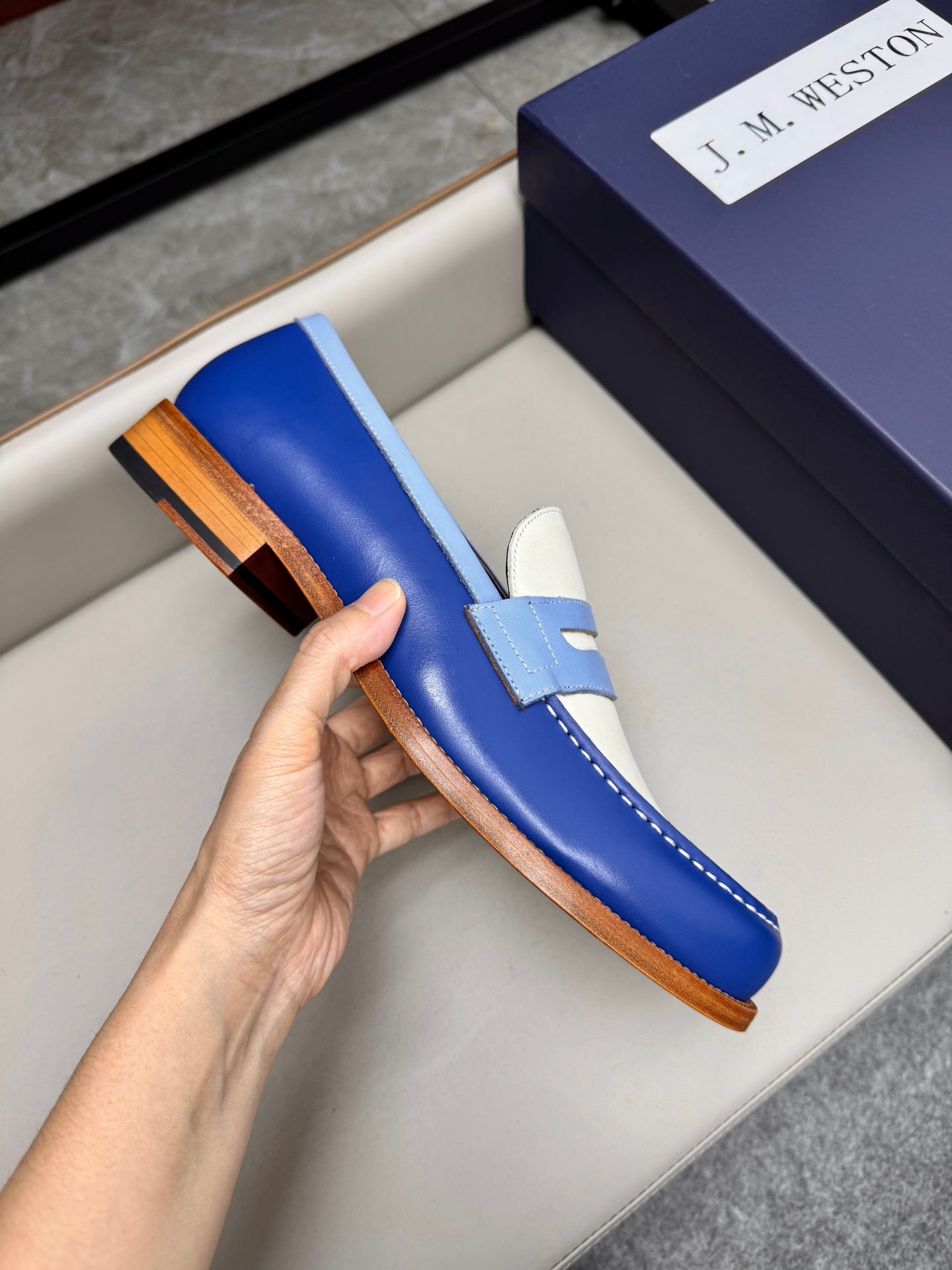 MMocassin 180 bicolore cuir bleu et toile beige