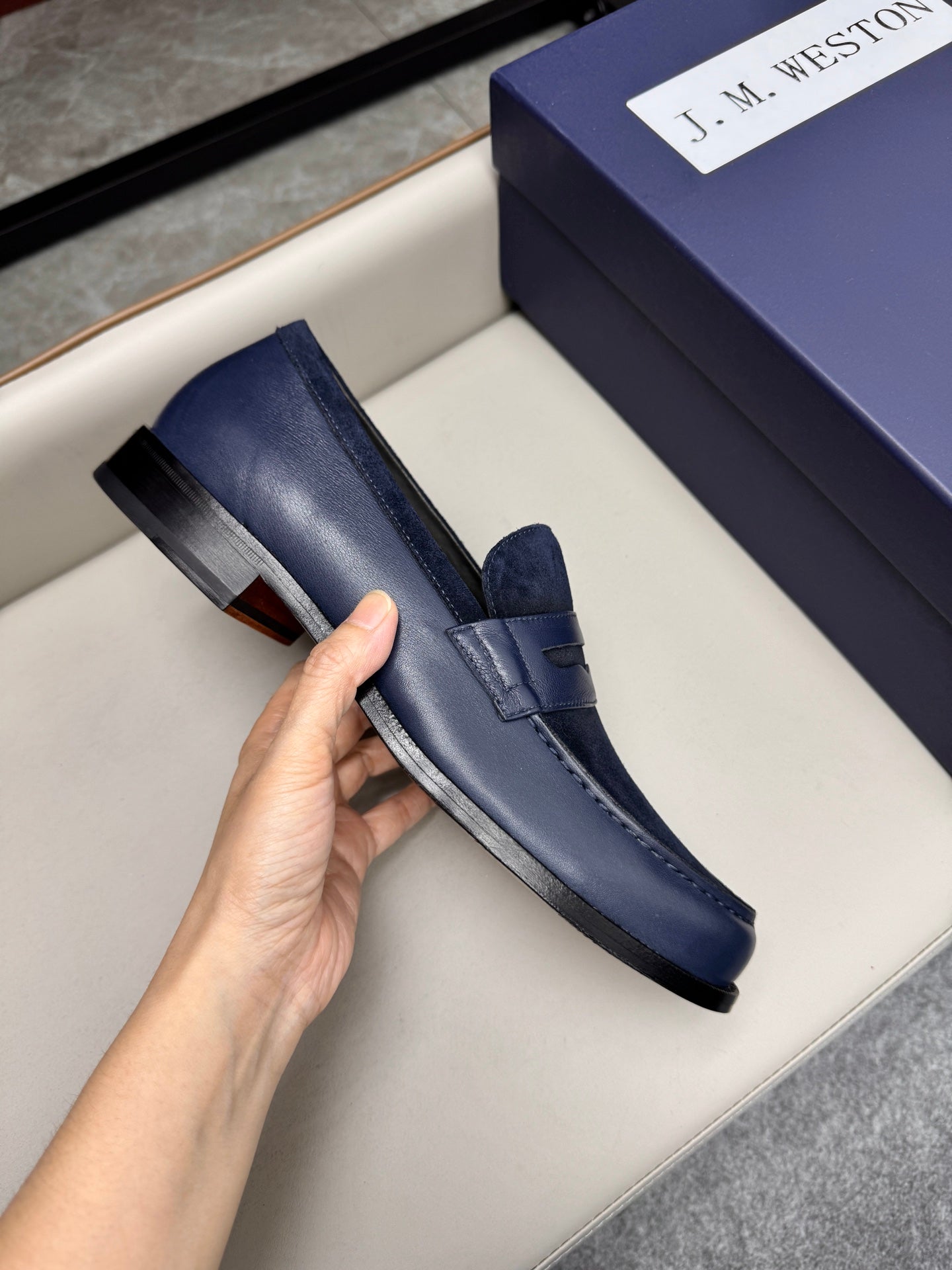 Mocassin 180 bi-matière daim & cuir bleu marine