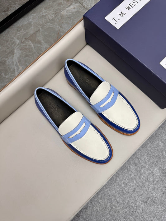 MMocassin 180 bicolore cuir bleu et toile beige