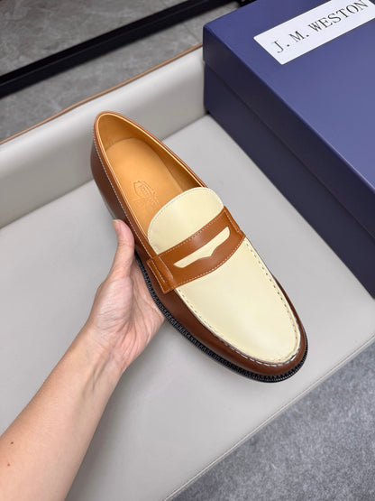 Mocassin 180 bicolore cuir marron & toile beige