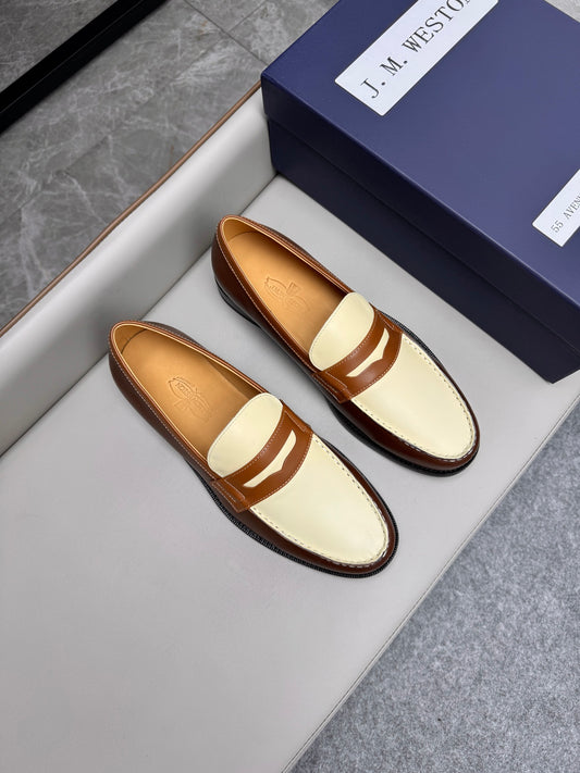 Mocassin 180 bicolore cuir marron & toile beige