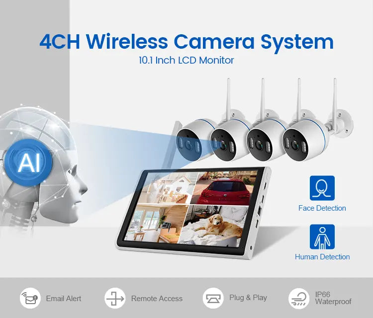 VeeZoom 4 camera IP Wifi + NVR all in one  avec alarme de détection de mouvement avec écran LCD 10,1 pouces