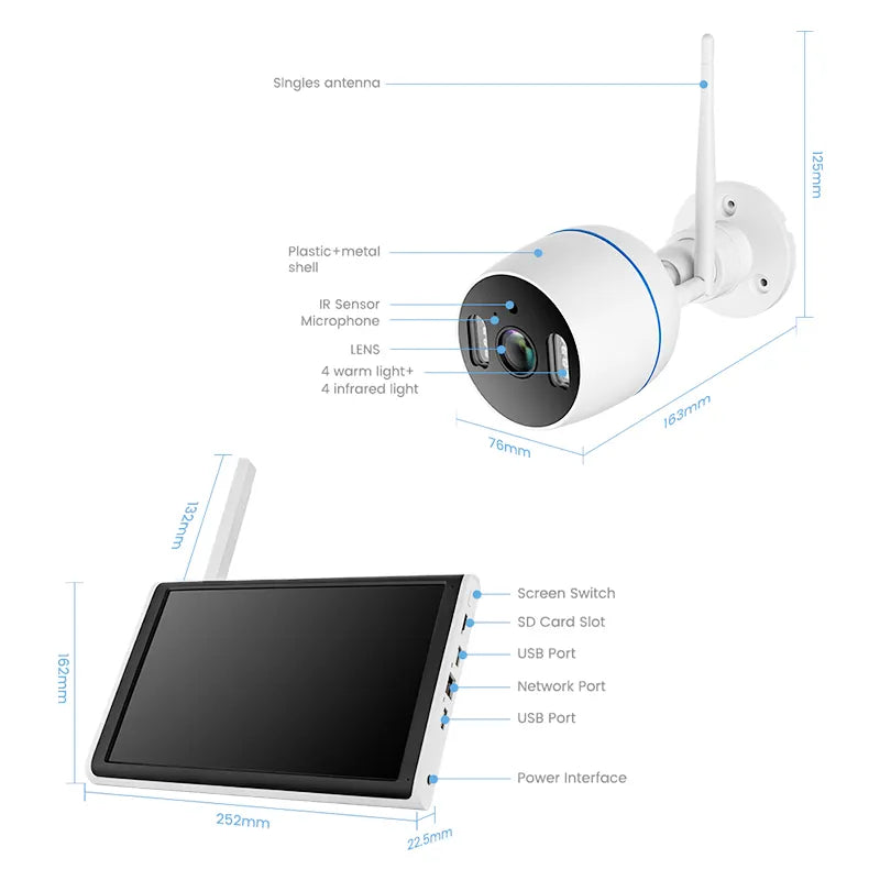 VeeZoom 4 camera IP Wifi + NVR all in one  avec alarme de détection de mouvement avec écran LCD 10,1 pouces