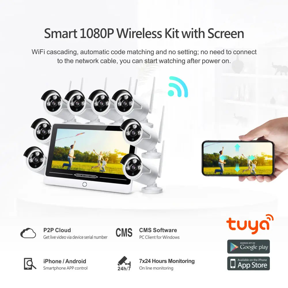 8 Camera WIFI plus Ecran NVR All in One - Compatible TuyaSmart pour visualiser à distance