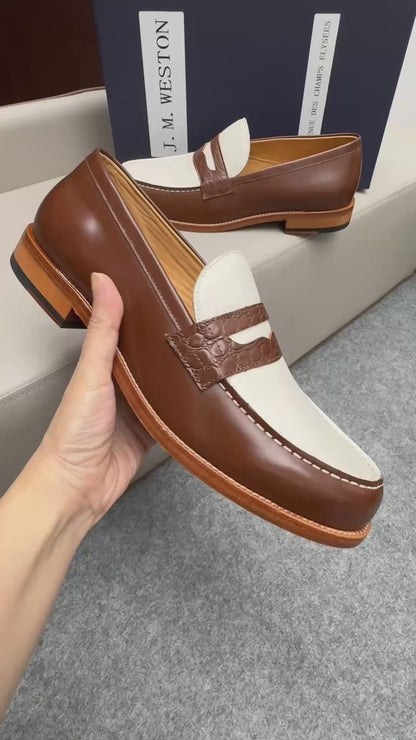 Mocassin 180 bicolore cuir marron & toile beige