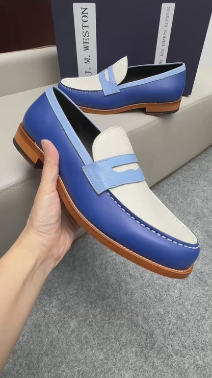 MMocassin 180 bicolore cuir bleu et toile beige